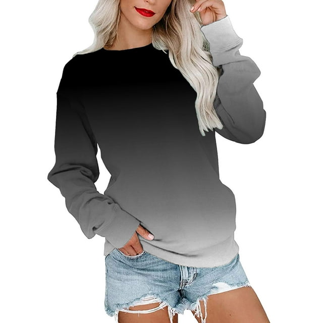MSJUHEG Chandail en Molleton pour Femmes Manches Longues Hauts d'Entraînement pour Femmes Chandail en Molleton Décontracté Col Rond Manches Longues Haut Dégradé Pull Version Ample Pull-Over Chandail en Molleton pour Femmes Noir TTG