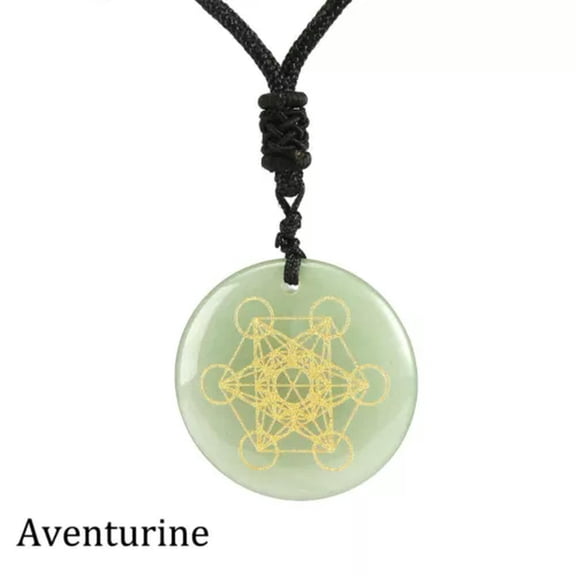 HOOUN Metatrone's Cube Round Necklace Natural Crystal Pendant Carving Chakra Healing-Aventurine