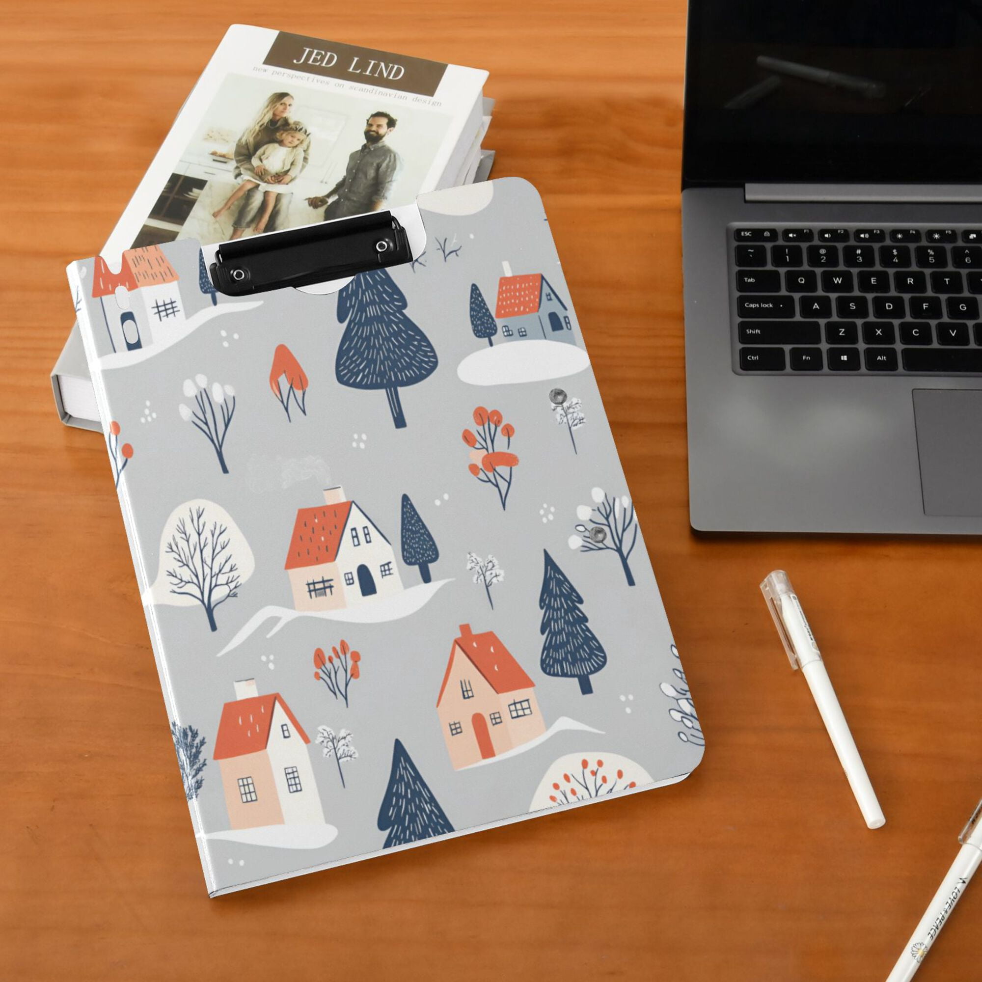 FORMRS A4 Clipboard Folder with Pen Holder Horizontal Foldable School Office Binder, Gray Cartoon Houses