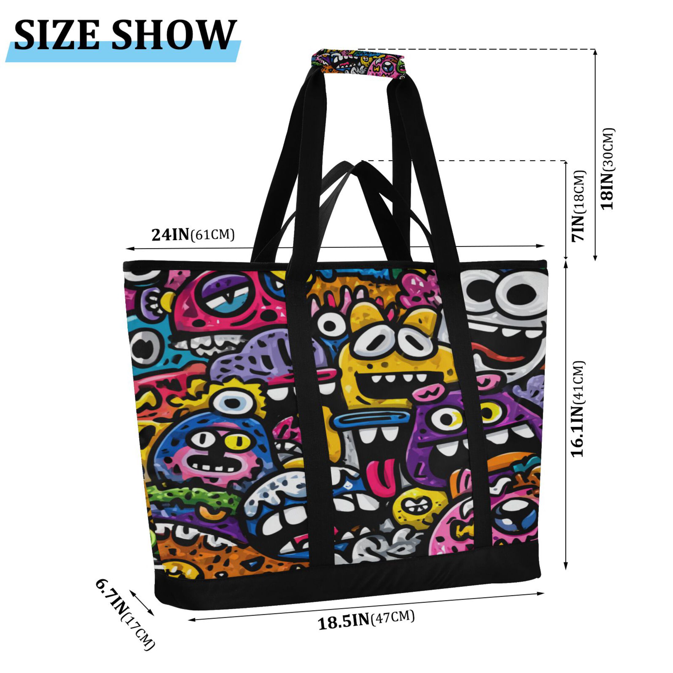 Extra-Large Wide Opening Design Capacity Hand-Held Ice Pack Thickened Insulation Layer For Long-Lasting Cold Retention For Outdoor Shopping Picnics And Camping Colorful Cartoon Monsters