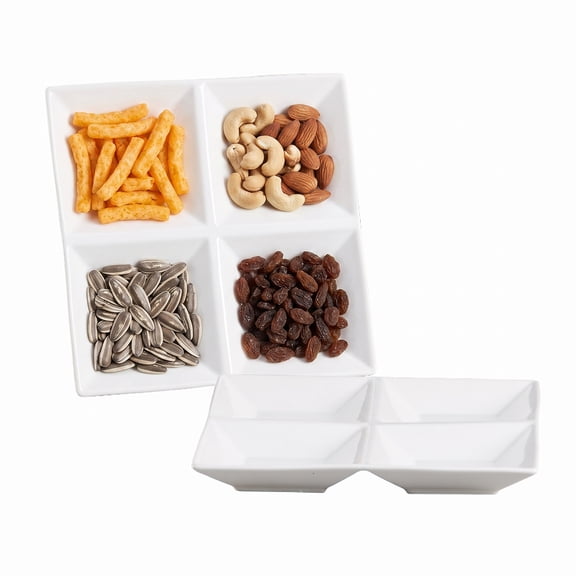 Set of 2 Porcelain Divided Dinner Plates with Portion Control - 4-Section Compartment Plates Suitable for Healthy Eating, Microwave & Dishwasher Safe