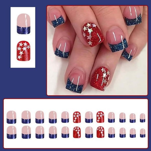 Up to 60% Off! Gspmoly False Nails, Short Glossy Independence Day New Light Irregular Lines Glitter 24Psc Press On Nails