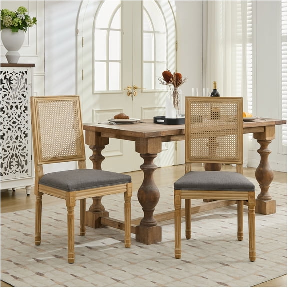 JERFIT Set of 2 Louis XVI Dining Chairs with Rattan Back, Upholstered Side Chairs for Kitchen, Living Room, Gray