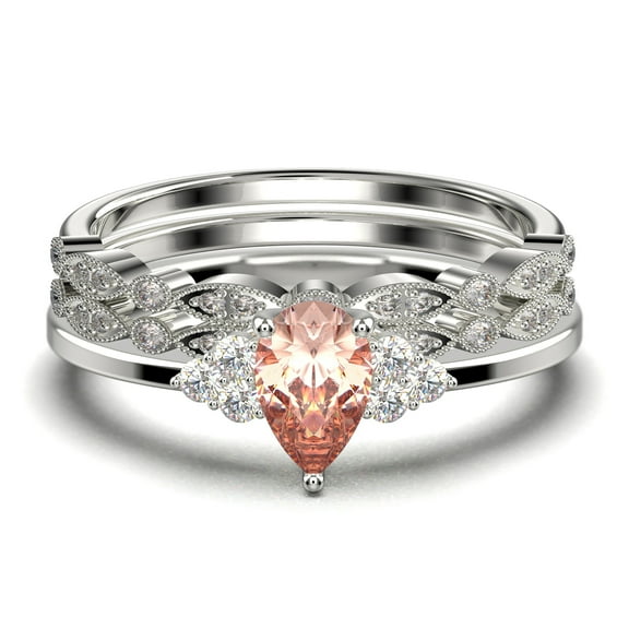 Dazzling Minimalist 2.25 Carat Pear Cut Affordable Ring, Morganite And Diamond Moissanite Engagement Ring, Unique Wedding Ring, Two Matching Band in 10k Solid White Gold, Gift For Her, Trio Set