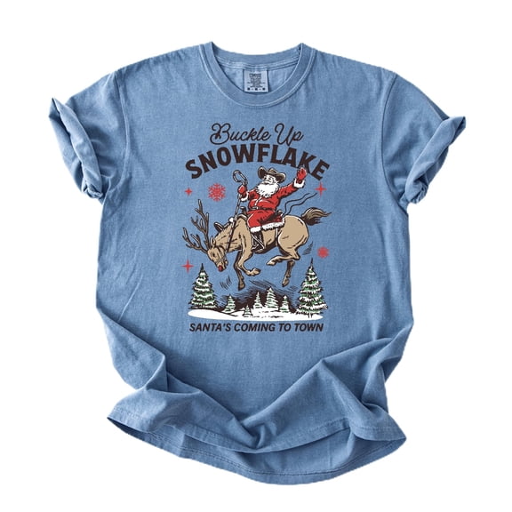 Buckle Up Snowflake Santa's Coming to Town Unisex Shirt Western Christmas Tee for Men & Women Blue Jean Shirt Adult Medium
