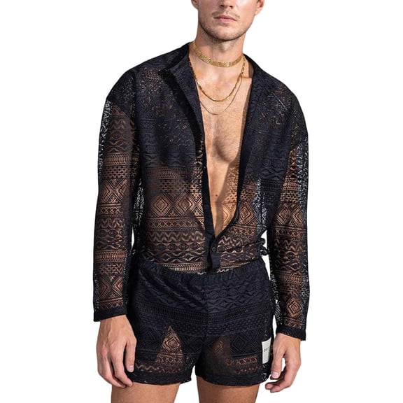 ZVNAΖH Men's Lace 2-Piece Set Geometric Crochet Long Sleeve Mandarin Collar Shirt & Shorts Summer Beach Vacation Outfit