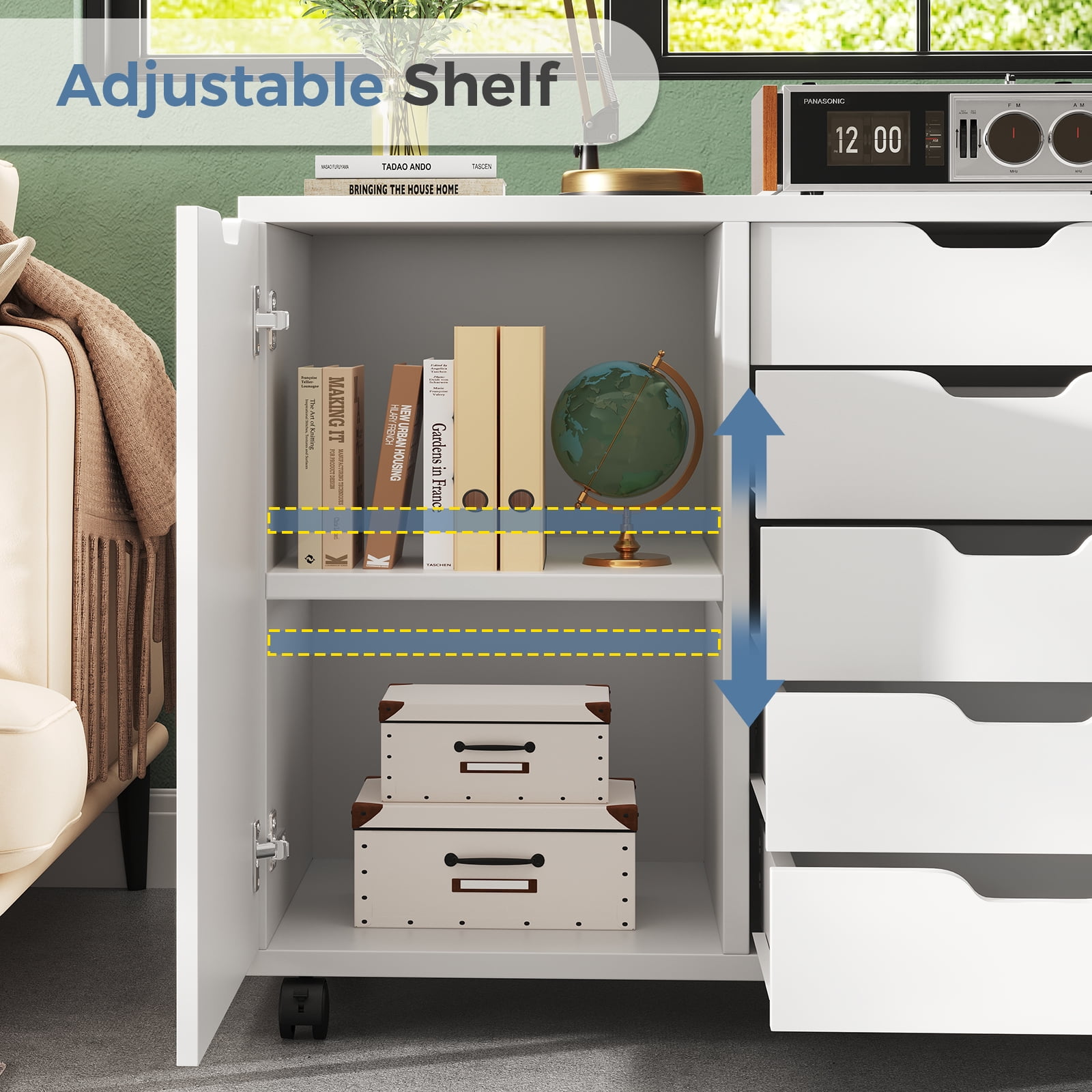 IULULU 5-Drawer Rolling File Cabinet with Wheels - Mobile Wood Storage Organizer & Adjustable Printer Stand for Home Office, White