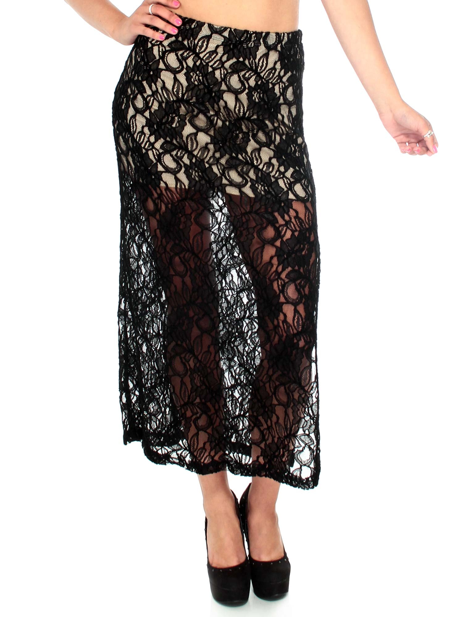 Sexy Slit Mini Skirt w Floral Lace 