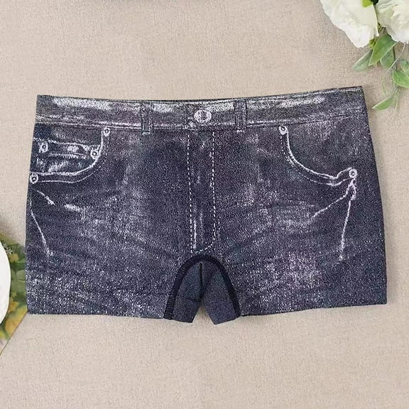 Karight Women's Denim Print Summer Fake Jean Shorts - Stretch High Waisted Running Workout Athletic Shorts