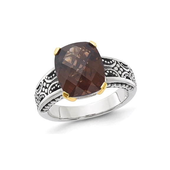 4.87 Carat (Ctw) Checkerboard Smoky Quartz Ring in Antiqued Sterling Silver for Women