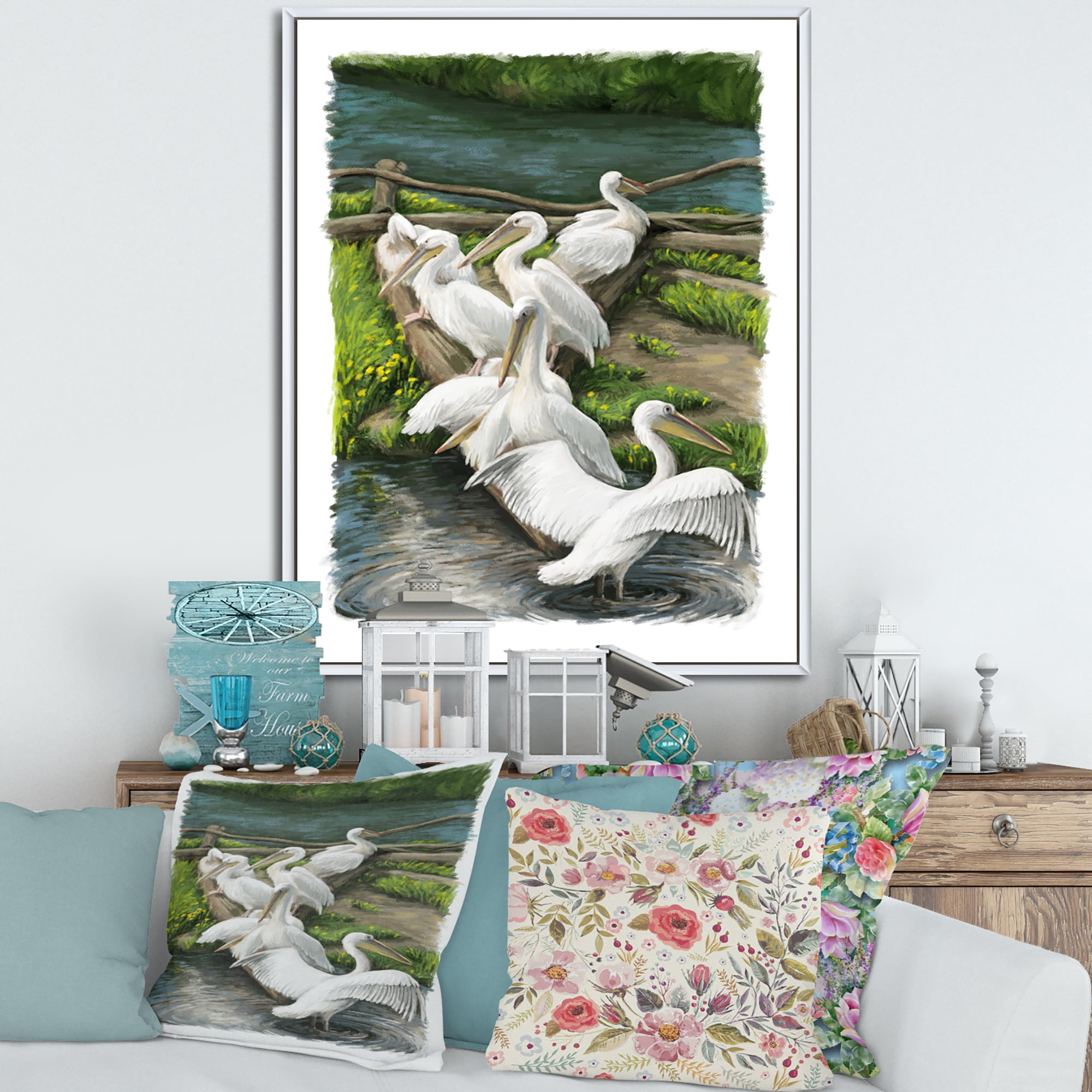 Designart 'Pelicans Resting Near The river Water' Traditional Framed Canvas Wall Art Print