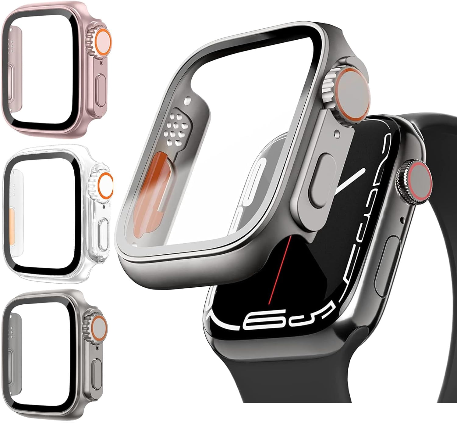 WWS-3 Pcs Protecteur d'Écran pour Apple Watch Étui 45mm 44mm 40mm 41mm, Étui Rigide Ultra Style + Protecteur d'Écran en Verre Trempé, Pare-Chocs Robuste pour Apple Watch Série 8 Étuis 7 SE 6 5 4