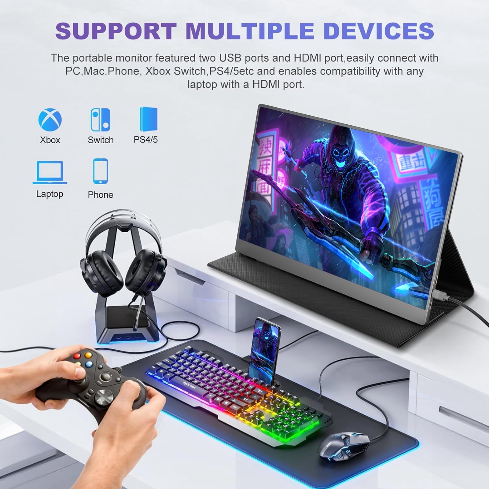 REHISK 18 inch Portable monitor FHD 1080P 100HZ Gaming Monitor Adjustable Stand USB-C Mini HDMI External Monitor