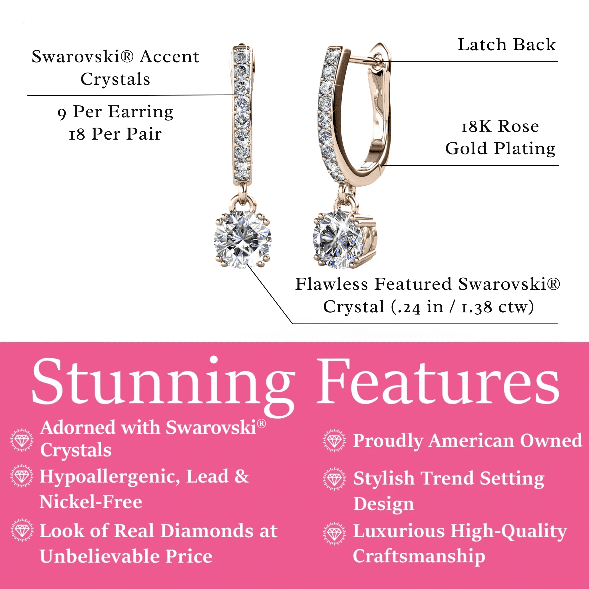 Cate & Chloe McKenzie 18k Rose Gold Plated Drop Dangle Earrings with Swarovski Crystals for Women