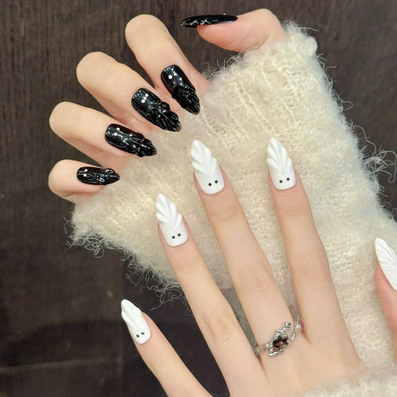 3D Mini Ghost French Tip Acrylic Handmade Press On Nails Almond Medium Sophisticated Black and White Halloween Design
