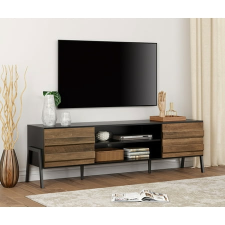 Mid Century Modern TV Stand for 75 inch TV, Wood TV Console Media Table with 6 Storages for Living Room Bedroom, Black/Brown