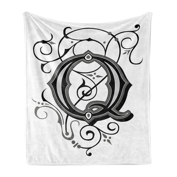 Letter Q Soft Flannel Fleece Throw Blanket, Flowers Flourishing Gothic Q Words Writing Style Aged Typography, Cozy Plush for Indoor and Outdoor Use, 50" x 60", Black Grey White, by Ambesonne