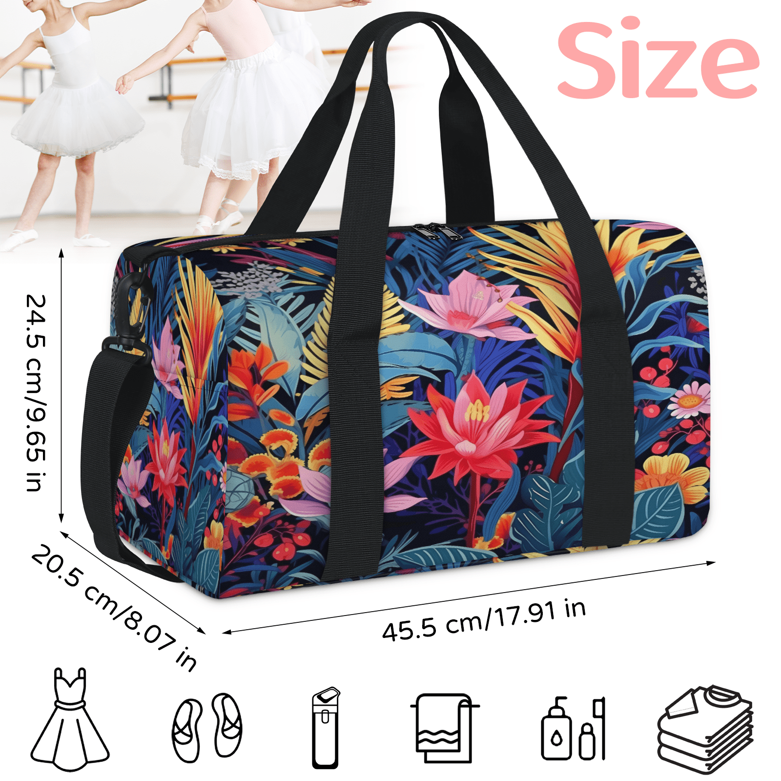 Herdesigns Colorful Floral Travel Duffle Bag Sports Yoga Weekender Overnight Carry on Workout Bags Lightweight Waterproof Gym Tote Bag for Women