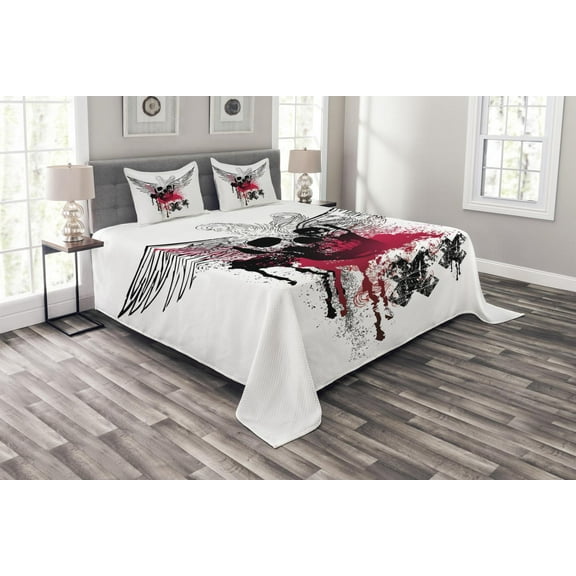 Ambesonne Skull Quilted Bedspread Set 3 Pcs, Grunge Wings and Skull, Queen Size, Black Pink White