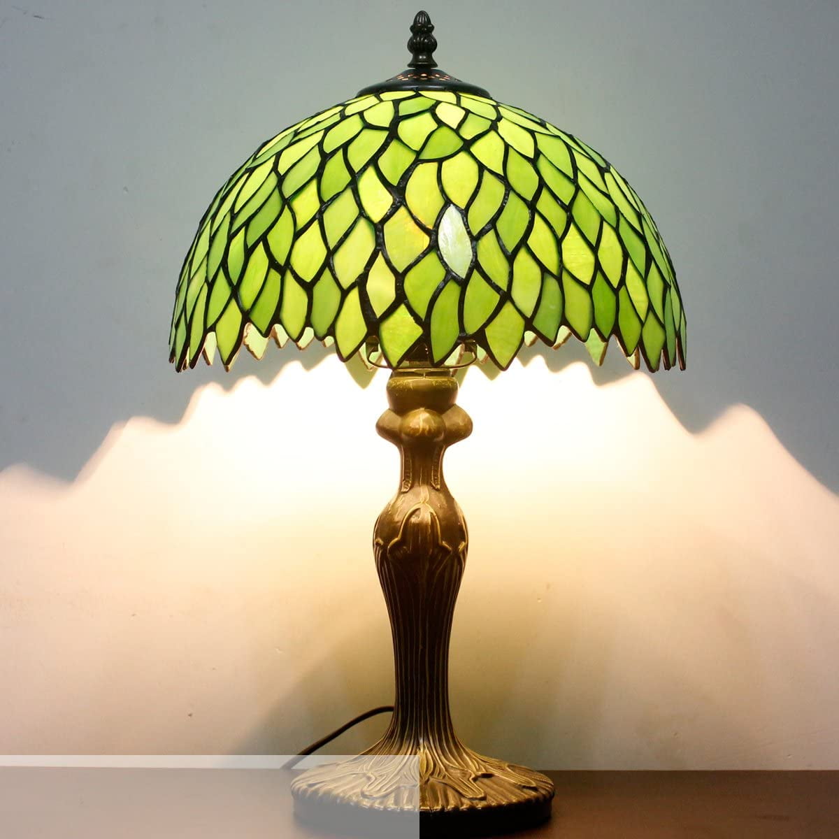 Tiffany Style Table Lamp Reading Light Green Wisteria Stained Glass Shade W12H18 Inch Tall S523 WERFACTORY LAMPS Lover Parent Kid Living Room Office Bedroom Bedside Desk Antique Zinc Base Crafts Gifts