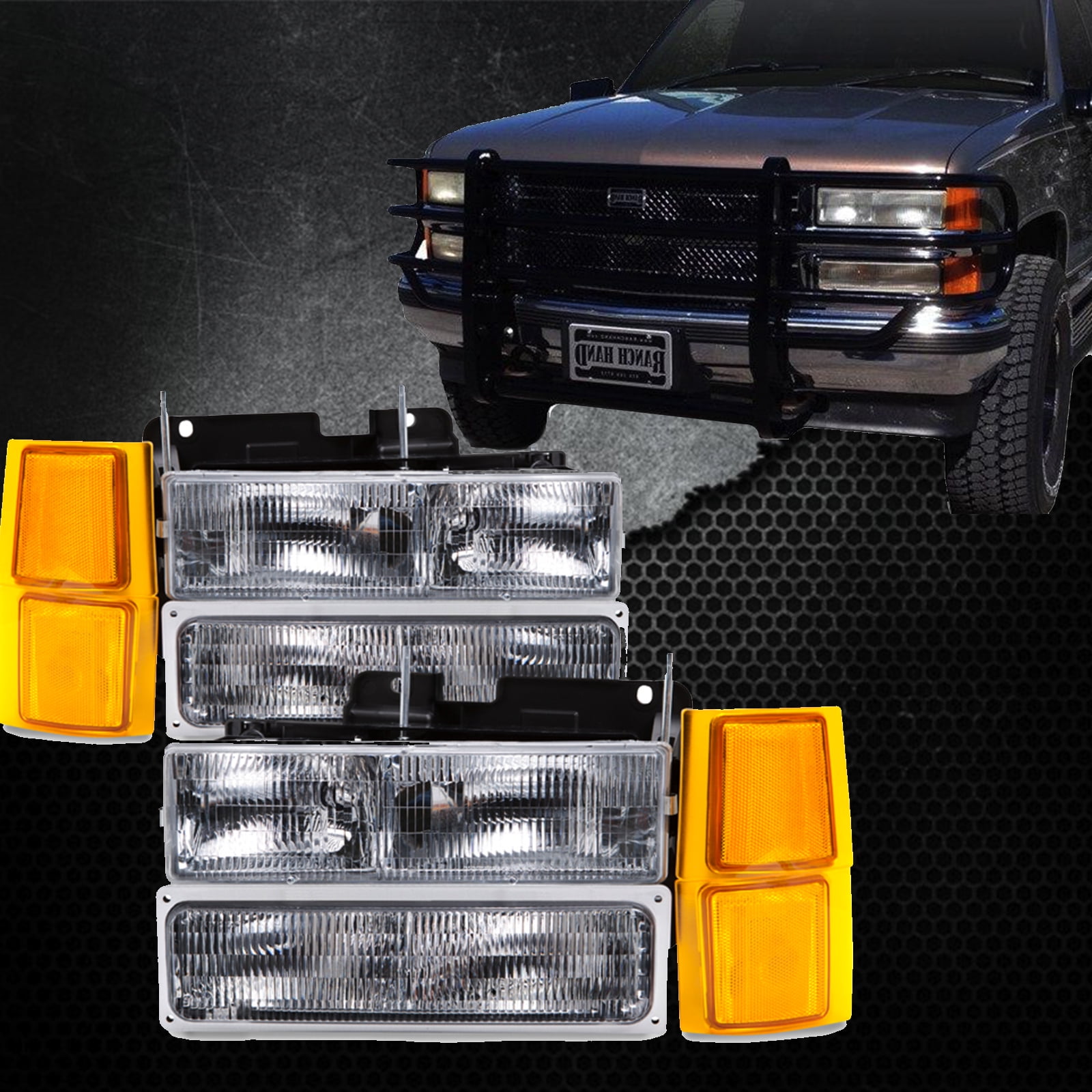 HEADLIGHTSDEPOT Black Housing with Halo with Xenons 8 Piece Set Halogen Headlights Compatible with Chevrolet GMC Blazer C1500 Suburban Tahoe Yukon 1990-2000 Includes Left and Right Side Headlamps 