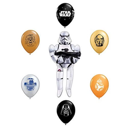 Giant 72" Stormtrooper Airwalker Foil Balloon and 6pc Star Wars 11" Character Print Latex Balloons Chewbacca, Darth Vader, C3PO, R2D2, BB8, Yoda