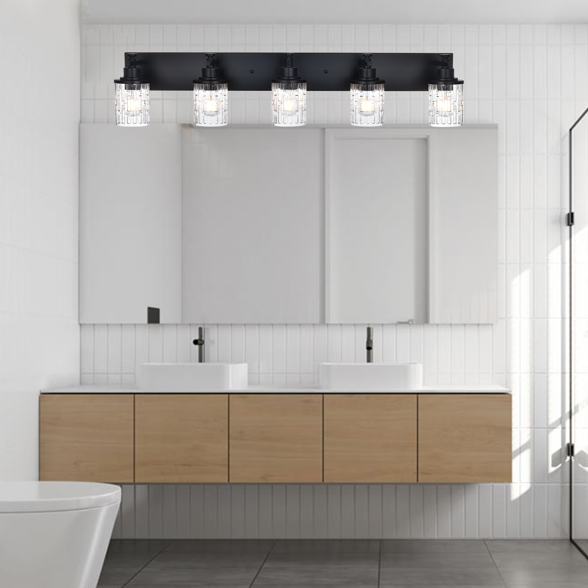 MELUCEE 5 Lights Bathroom Light Fixtures, Matte Black Vanity Lighting with Clear Grid Glass Shade