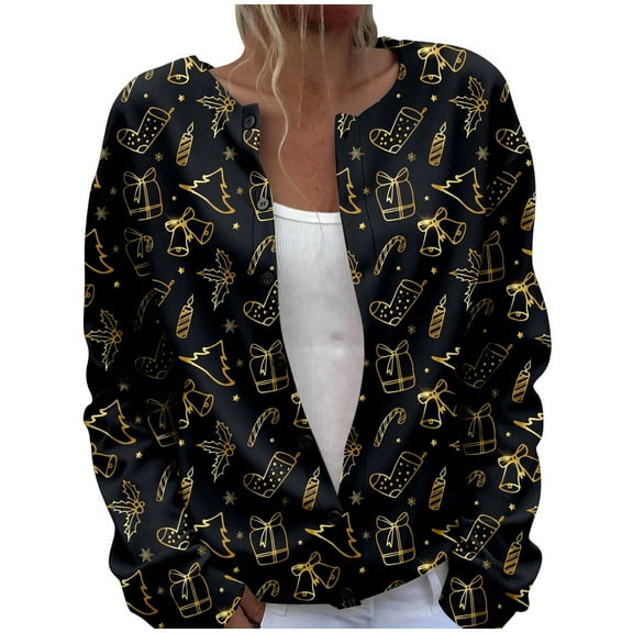 Tiweut Cardigans for Womens Fashion Christmas Button Down Sweater Santa Print Fall Winter Seasonal Holiday Open Front Knit Outerwear Relaxed Fit Tops Black,S