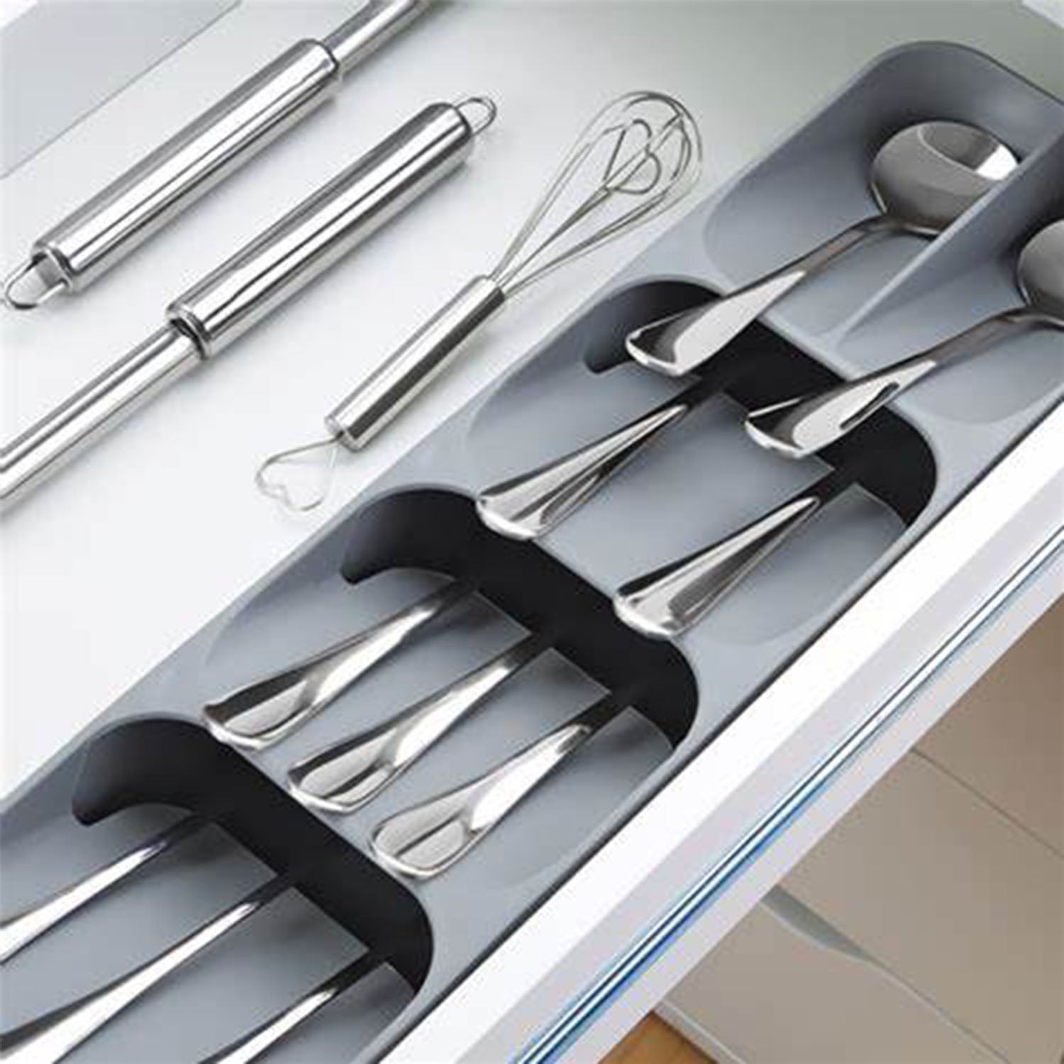 Musement Drawer Cutlery Organizer Tray Kitchen Storage Holder Rack for Cutlery Silverware - Gray, Multi-Purpose Kitchen Storage and Organization Solution