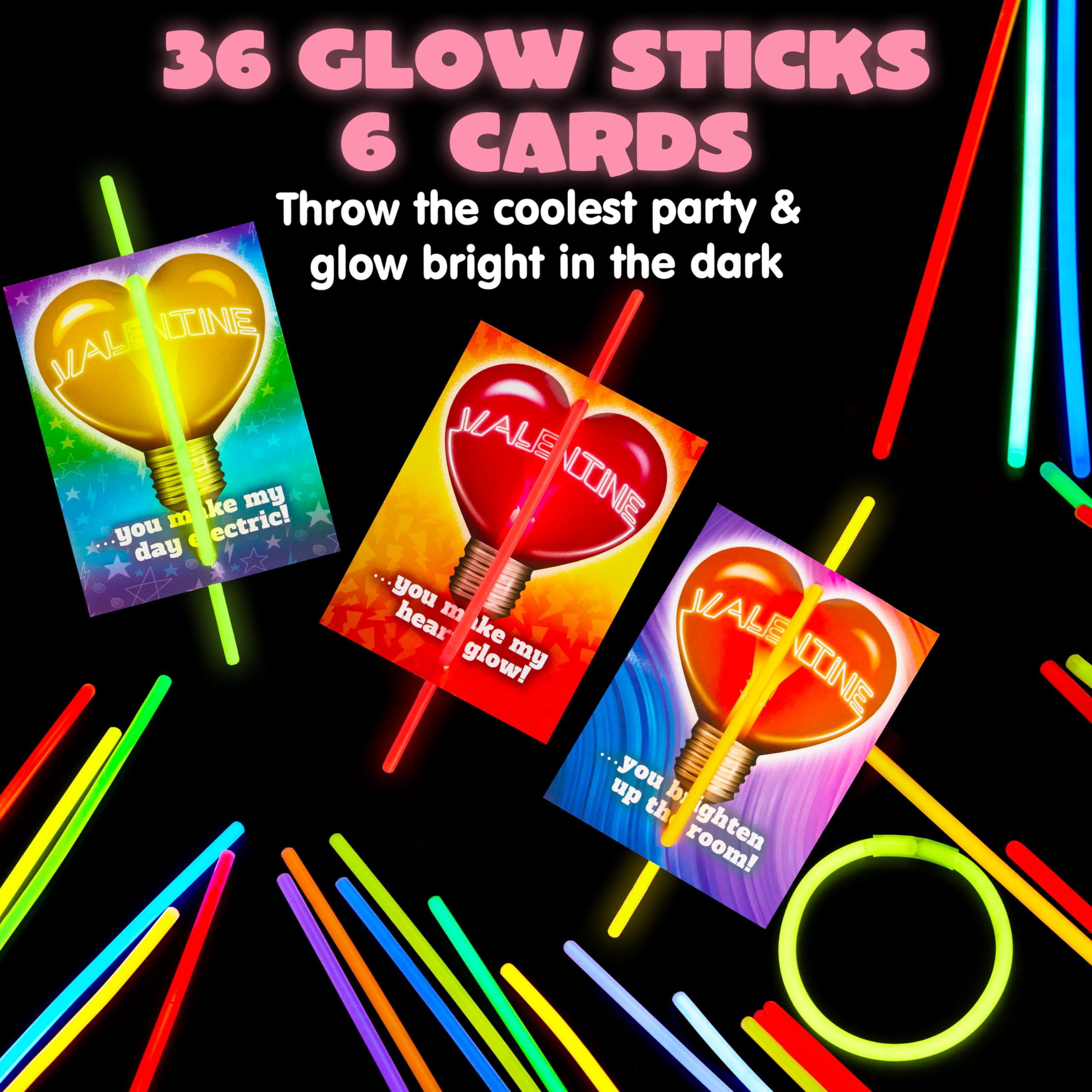 Joyfy 36 Packs Glow Sticks Bracelet with Neon Valentines Day Gift Cards Valentine Exchange Cards for Kids Class Valentines Party Favors