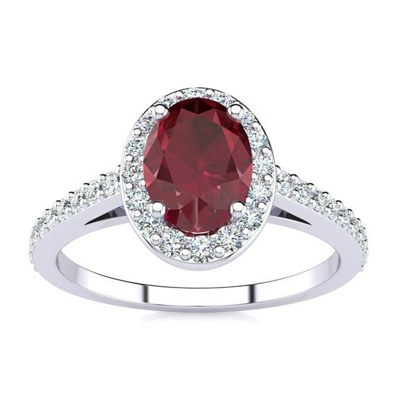 SuperJeweler 1 Carat Oval Shape Created Ruby and Halo Diamond Ring In Sterling Silver For Women