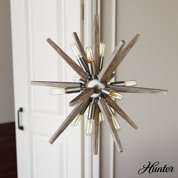 Hunter - Jupiter Star 12-light Brushed Nickel, Medium Size Pendant Light, Dimmable, Mid Century Modern Style, Sputnik Shaped, for Bedrooms, Dining, Living Rooms - 19340