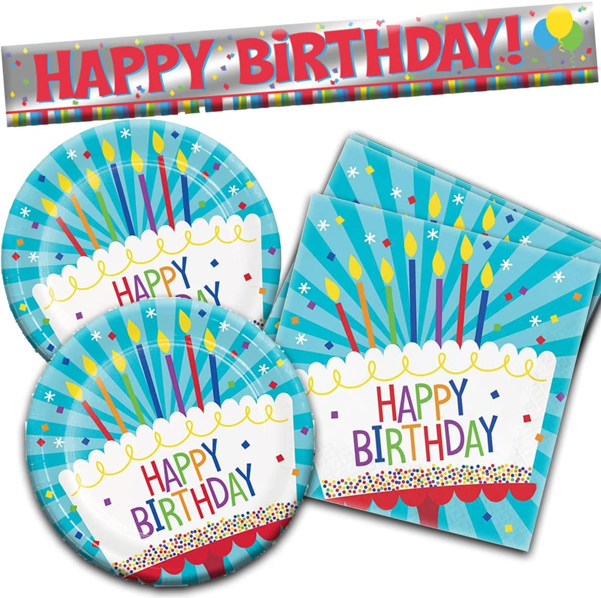 Happy Birthday Plates and Napkins Party Set for 16 with 6 Ft. Happy