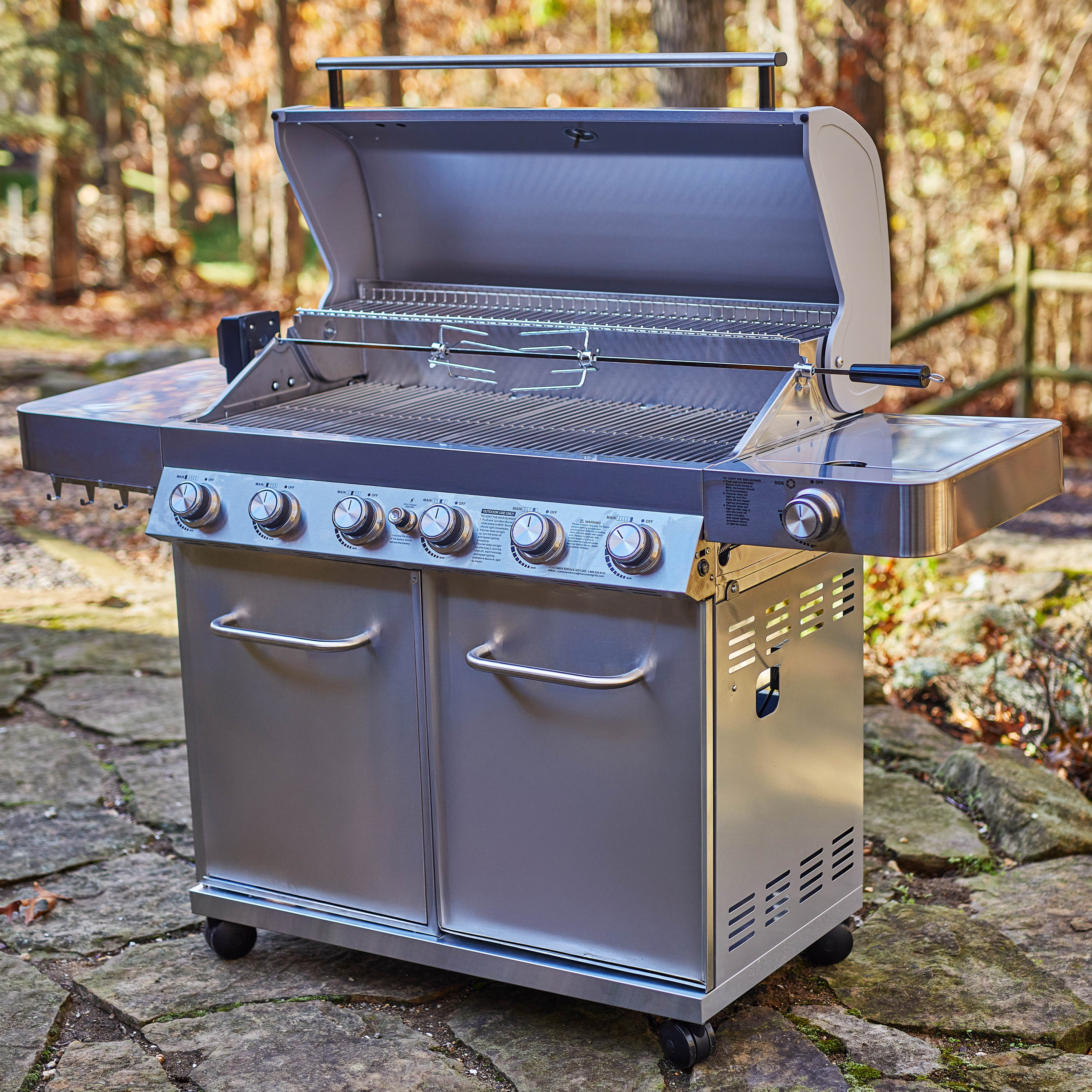 Monument Grills 6+1 Burner Propane Gas Grill  84,000 BTU Stainless Steel Outdoor Patio Barbecue Grill  LED Controls , Free Rotisserie Kit , and Easy Cleanup , 77352