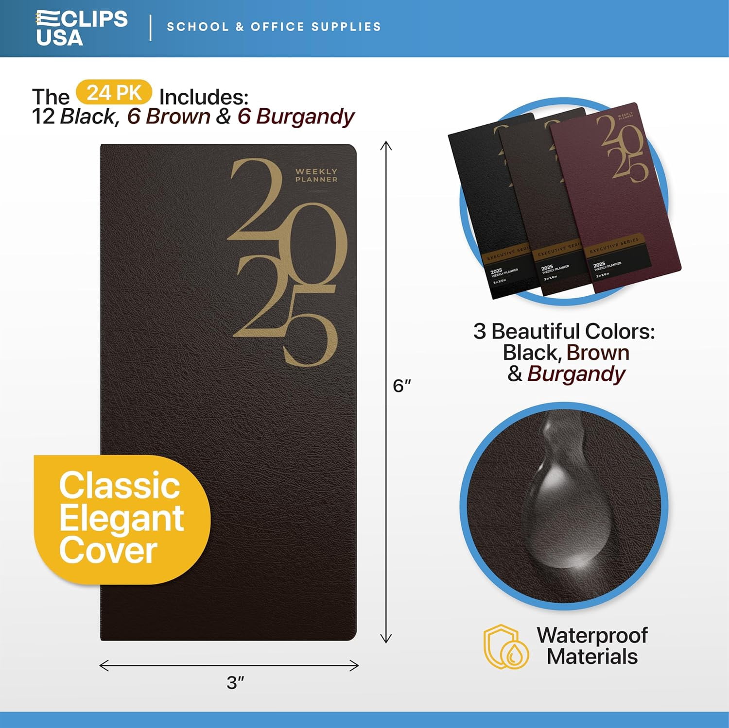 E-Clips USA Executive Series 2025 Weekly Planner Calendar Planner Notebook, 3” x 6”, 24-Pack