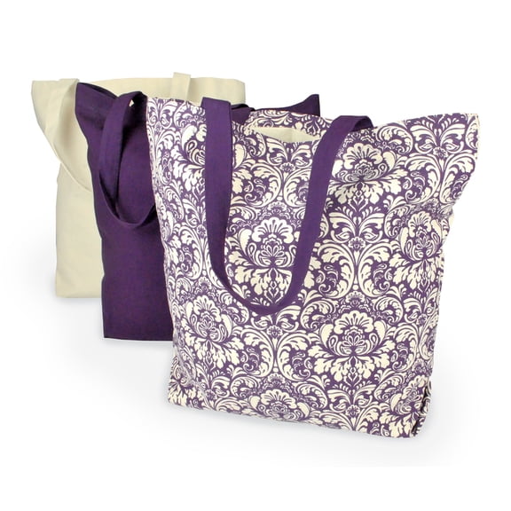 Set of 3 Purple, Beige, and White Versatile DII Damask Eggplant Canvas Tote Bags, 15.25"
