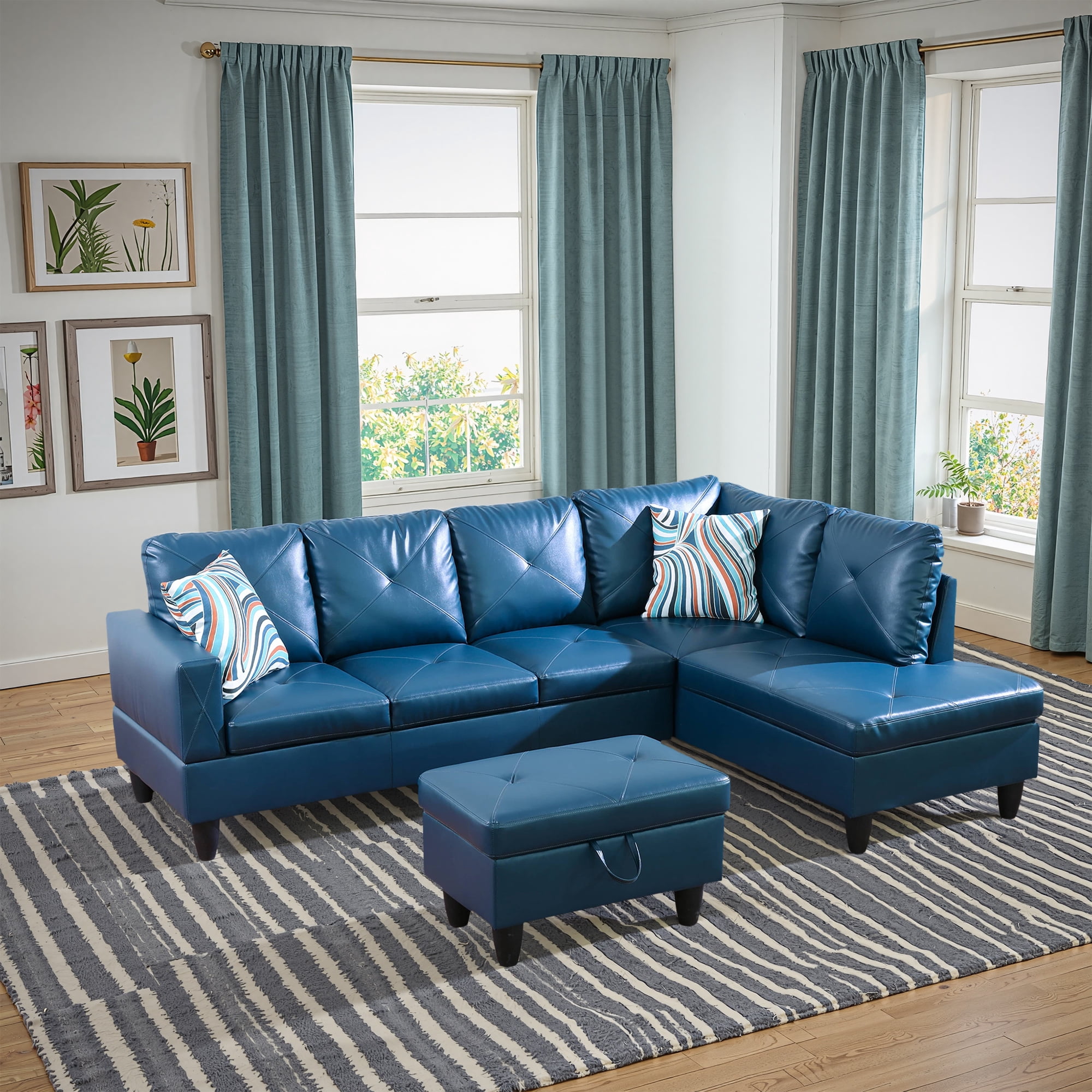 MAYEERTY Faux Leather 3-Piece Couch Living Room Sofa Set，Deep Blue