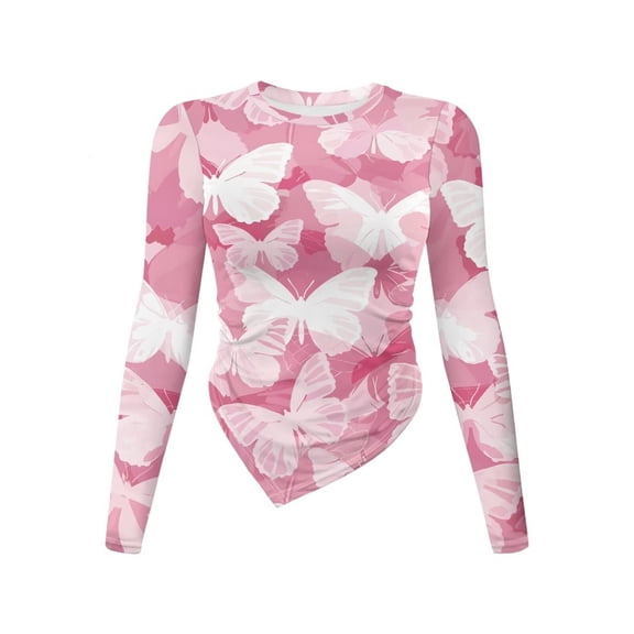 Xoenoiee Pink Butterfly Pattern Women's Long Sleeve T Shirts Crew Neck Slim Fit Tops Dressy Ruched Basic Tee Y2k Going Out Shirts Irregular Hem Blouser, Size S