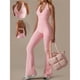 thumbnail image 4 of Mono Deportivo de Yoga para Mujer, Sin Mangas, con Escote en V, Ribete de Encaje y Cuello Halter, con Medias Acampanadas. Rosa XL, 4 of 10