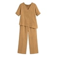thumbnail image 2 of Bosfbaoi Two Piece Sets for Women Linen Blend Relaxed Fit Outfit Set Asymmetrical 3/4 Sleeve V-Neck Tops Elastic Waist Wide Leg Pants Summer Casual Outfits, 2 of 7