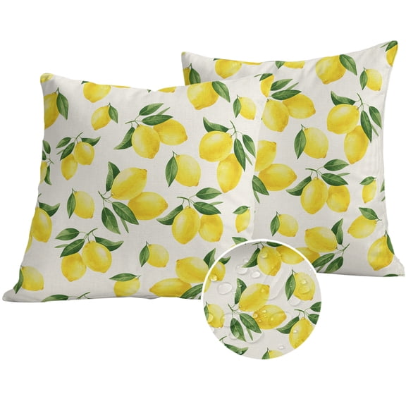 Yellow Lemons Outdoor Pillow Covers 20x20 Set of 2,Waterproof Patio Throw Pillowcase Protectors,Summer Citrus Fruits Leaves Country Vintage Decorative Pillow Shams Cushion Covers for Seat Bed Couch