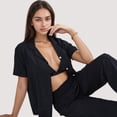 thumbnail image 7 of Women's 3-Piece Pajama Set with Bralette Top, Button Down Shirt, and Wide Leg Pants - Large, Black, 7 of 7
