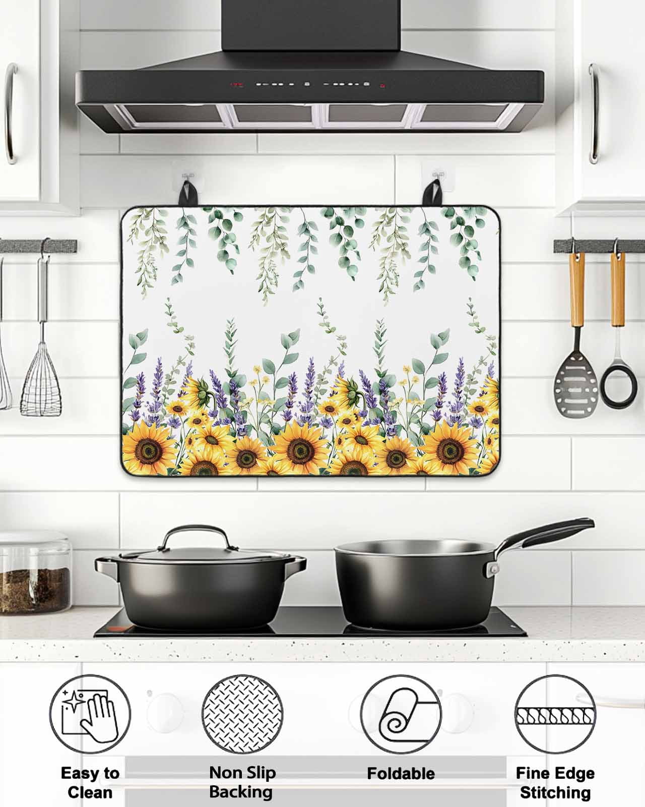 Stove Top Covers for Electric Stove, Eucalyptus Leaves Glass Stovetop Cover Protector, Yellow Sunflower Lavender Farmhouse Induction Cooktop Protector Oven Mat for Kitchen Countertop 24"x21"
