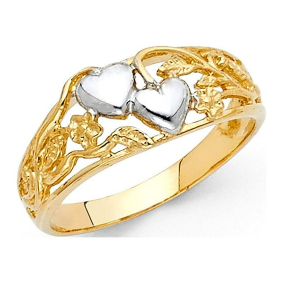 Two Hearts Love Ring Solid 14k Yellow & White Gold Filigree Band Polished Fancy Two Tone 8MM Size 7