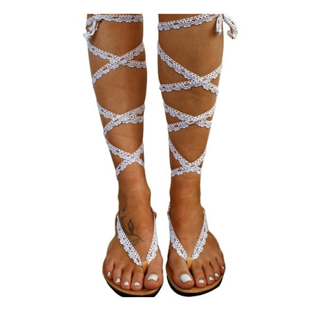

Tapsier Womens Lace Gladiator Flat Sandals Holiday Beach Lace Up Flip Flop Shoes White