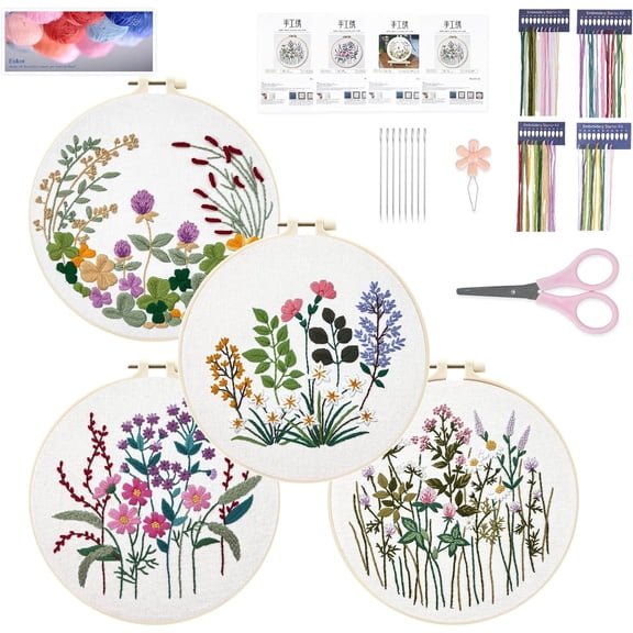 4 Sets Embroidery Kit for Beginners Adults Floral Stamped Cross Stitch Kits