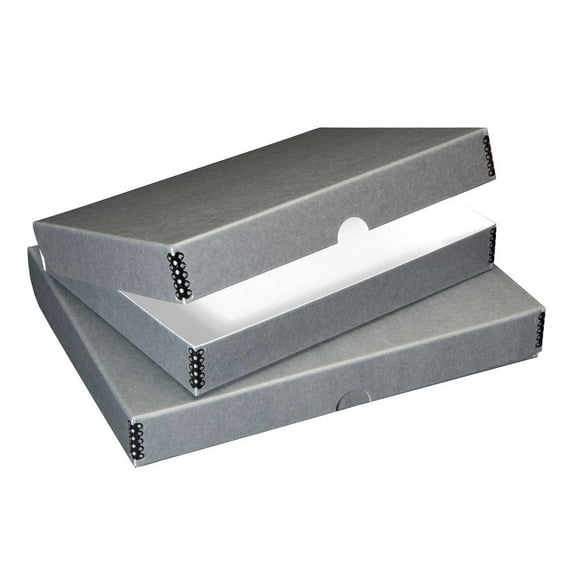 Lineco 16x20" Clamshell Folio Storage Box, 1.75" Deep, Metal Edge Archival Boxboard, Removable Lid, Color: Gray