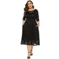 thumbnail image 3 of Vestido de noche de talla grande para mujer, falda de largo medio con mangas 2/3 y encaje floral vintage, vestido con bolsillos de encaje ahuecados (negro), XL, 3 of 5