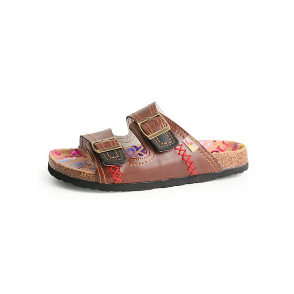 TMA EYES Women's Adjustable Buckle Jump color Stitching Open tToe Insole Sandals Leather Light Casual Slippers