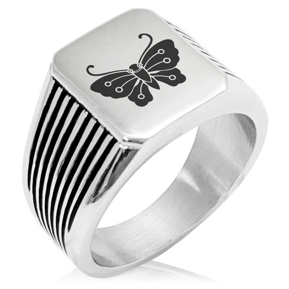 Stainless Steel Kawari Kocho Butterfly Kamon Crest Needle Stripe Pattern Biker Style Polished Ring
